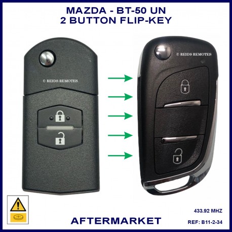 Image shows a genuine Mazda BT-50 UN flip key on the left and this aftermarket flip key you will receive on the right