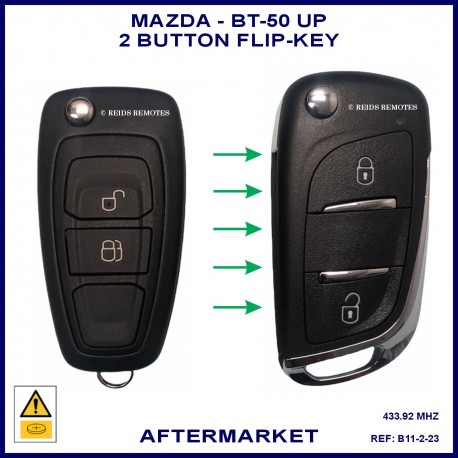 Image shows a genuine Mazda BT-50 UP flip key on the left and this aftermarket flip key you will receive on the right