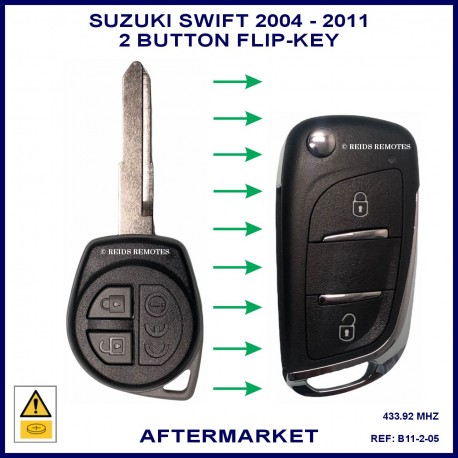 	Image shows a size comparrison between the genuine Suzuki Swift remote key and this aftermarket flip key