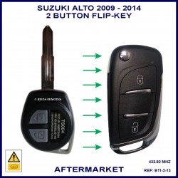 Image shows a size comparrison between the genuine Suzuki Alto GF remote key and this aftermarket flip key