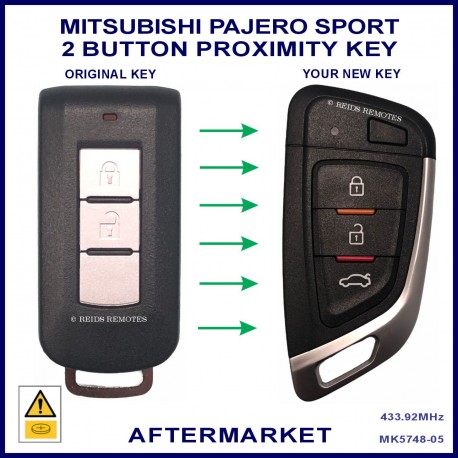 Image shows the front of a genuine Mitsubishi fob on the left and this aftermarket fob on the right