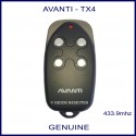 Avanti black TX4 garage remote with 4 round white buttons