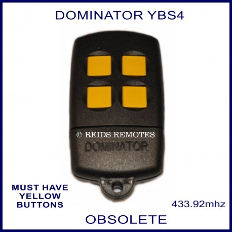 Dominator YBS4 black garage remote with 4 yellow buttons