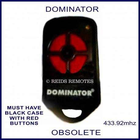Dominator black garage remote with 4 red buttons