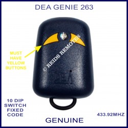 DEA GENIE 263 navy blue gate remote with 2 yellow buttons