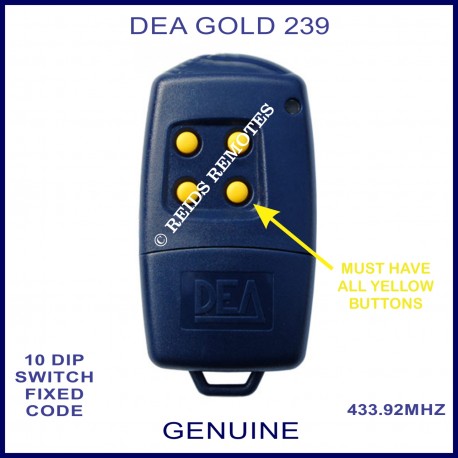 DEA GOLD 239 navy blue gate remote with 4 yellow buttons