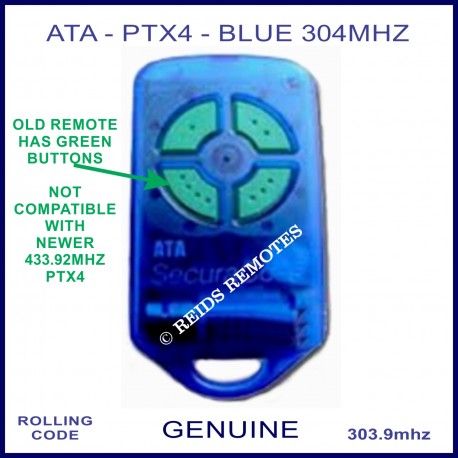 ATA PTX4 -obsolete 304Mhz blue garage remote with 4 green buttons