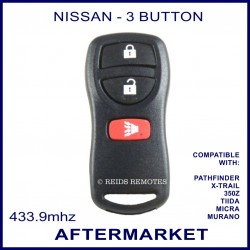 Nissan compatible Tiida X-Trail Micra 350Z Murano Pathfinder 3 button 433.9 MHz remote control