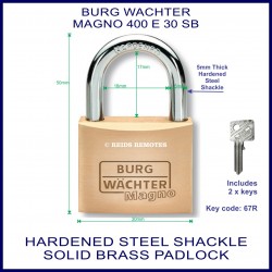 Burg Wachter Magno 400 E 30mm SM solid brass hardened steel shackle padlock