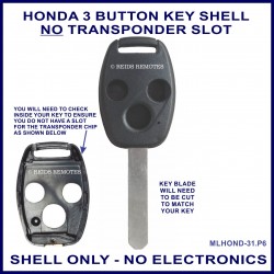 Honda 3 button key shell only - NO transponder slot