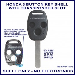 Honda 3 button key shell only - WITH transponder slot
