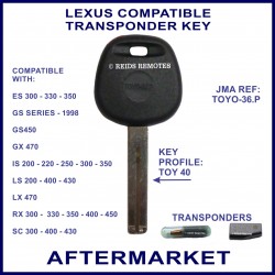 Lexus ES, GS, GX, IS, LS, LX, RX & SC compatible car key with transponder cloning