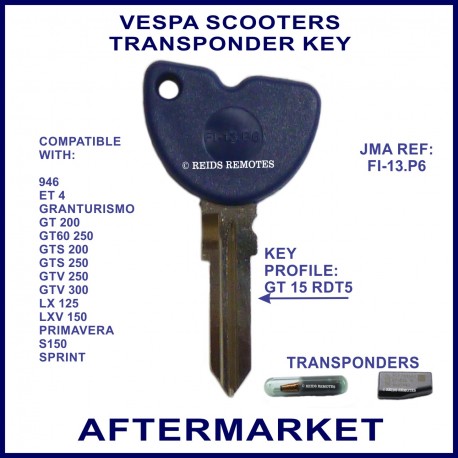 Vespa 946, ET4, Granturismo, GT, GTS, GTV, LX, S150 & Sprint scooter key