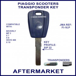 Piaggio Beverly, MP3, X7, X8, XEVO & X10 scooter key with transponder cloning & key cutting