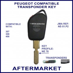 Peugeot 307 308 & 406 compatible car key NE-51.P2 cut & transponder cloned