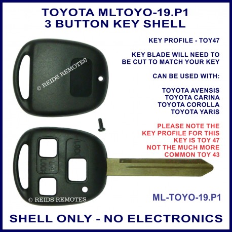 Toyota 3 button key shell for Avensis Carina Corolla & Yaris TOY 47 key blade