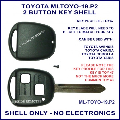 Toyota 2 button key shell for Avensis Carina Corolla & Yaris TOY 47 key blade