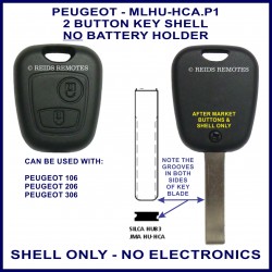 Peugeot 106 - 206 - 306 - 2 button remote key shell only - no electronics