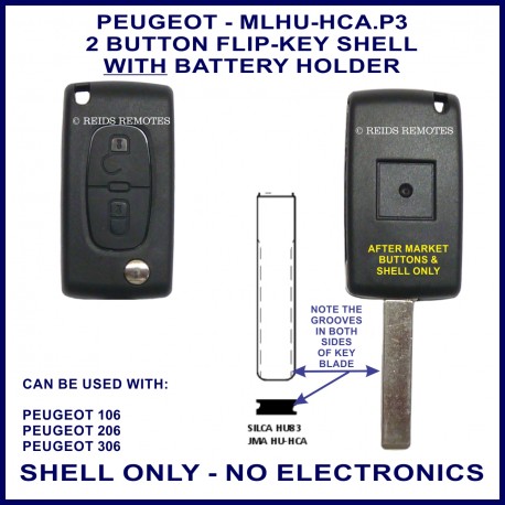 Flip Key Shell For Peugeot 106 206 107 207 306 – Includes 2 Buttons + Battery, Unbranded Replacement