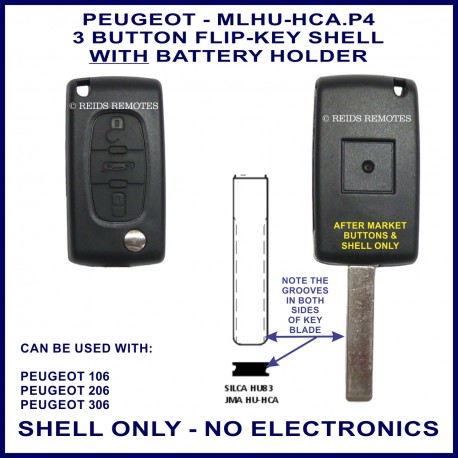 Peugeot 106 - 206 - 306 - 3 button flip key shell only with battery holder - no electronics