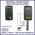 Peugeot 106 - 206 - 306 - 3 button flip key shell only with battery holder - no electronics