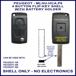 Peugeot 106 - 206 - 306 - 4 button flip key shell with battery holder in back of shell - no electronics