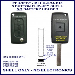 Peugeot 106 - 206 - 306 - 3 button flip key shell - no battery holder - no electronics