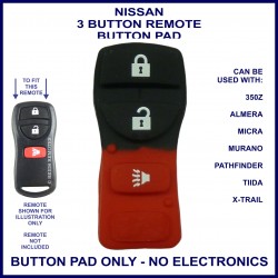 Nissan 350Z Almera Micra Murano Pathfinder Tiida X-Traiol 3 button remote - replacement rubber button pad only