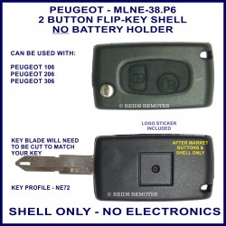 Peugeot 106 - 206 - 306 - 2 button flip key shell only NE72 type - no electronics