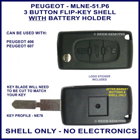 Peugeot 406 & 607 - 3 button flip key shell NE78 key profile with battery holder - no electronics