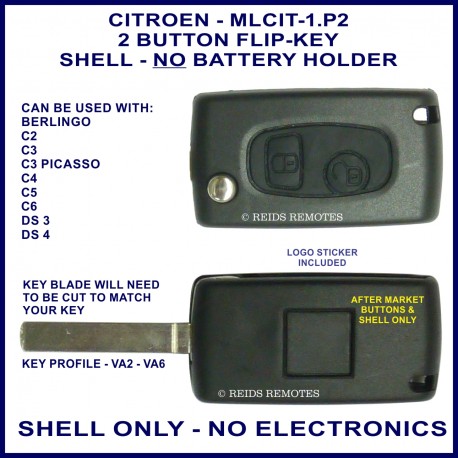 Citroen C2, C3 Picasso, C4, C5, C6, DS3 & DS4 - 2 button flip key shell - no battery holder or electronics