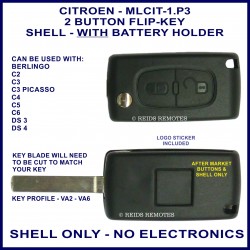 Citroen C2, C3 Picasso, C4, C5, C6, DS3 & DS4 - 2 button flip key shell with battery holder - no electronics