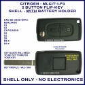 Citroen C2, C3 Picasso, C4, C5, C6, DS3 & DS4 - 2 button flip key shell with battery holder - no electronics