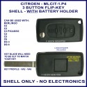 Citroen C2, C3 Picasso, C4, C5, C6, DS3 & DS4 - 3 button flip key shell with battery holder - no electronics