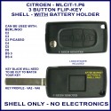 Citroen C2, C3 Picasso, C4, C5, C6, DS3 & DS4 - 3 button flip key shell with battery holder - no electronics