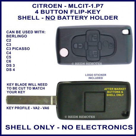 Citroen C2, C3 Picasso, C4, C5, C6, DS3 & DS4 - 4 button flip key shell without battery holder - no electronics
