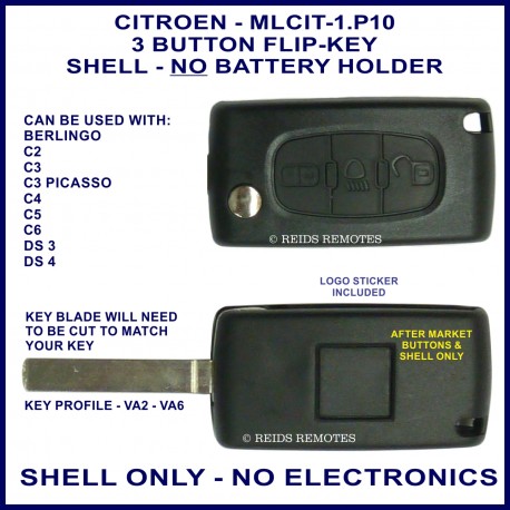 Citroen C2, C3 Picasso, C4, C5, C6, DS3 & DS4 - 3 button flip key shell without battery holder - no electronics