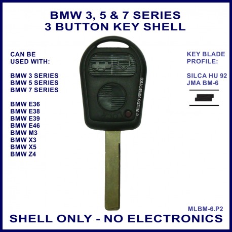 BMW 3 5 7 series, M3 X3 X5 & Z4 E36 E38 E39 E46 3 button key shell - no electronics