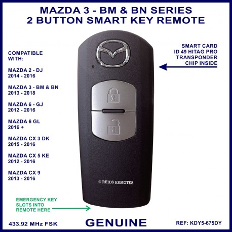 Mazda 3 BM & BN series 2013 - 2018 genuine 2 button smart key remote KDY5 675DY - X1T6919H