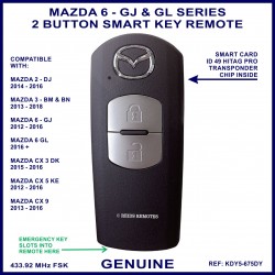 Mazda 6 GJ & GL series from 2012 on - genuine 2 button smart key remote KDY5 675DY - X1T6919H