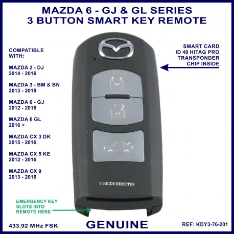 Mazda 6 GJ 2012 - 2016 3 button genuine smart key remote KDY3-76-201