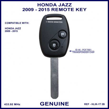 Honda Jazz 2009 - 2015 2 button remote key key genuine