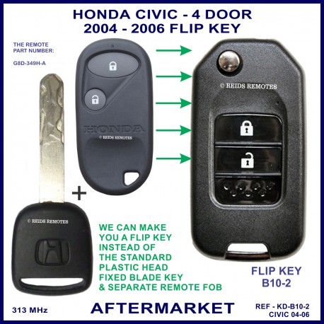Honda Civic 4 door 2004 - 2006 2 button remote flip key aftermarket G8D-349H-A 313 MHz ID 48