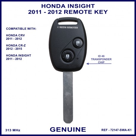 Honda Insight 2011 - 2012 2 button remote key genuine 72147-SWA-K1 ID-46