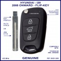 Hyundai I20 3 button flip key for models from 2008 onward OEM