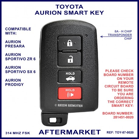 Toyota Aurion 2012 -2017 4 button smart key 281451-0020 314 MHz FSK aftermarket