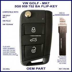 VW Golf Mk 7 - Polo & Touran OEM flip key 5G0 959 752 BA