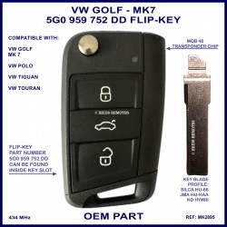 VW Golf MK7 VII OEM 3 button MQB Flip key 5GO 959 752 DD