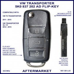 VW Transporter 2011 - 2015 5K0837202AD aftermarket 3 button flip key