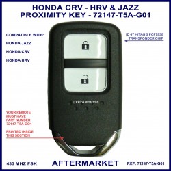Honda CRV HRV & Jazz 72147-T5A-G01 smart key 2 button 434 MHz